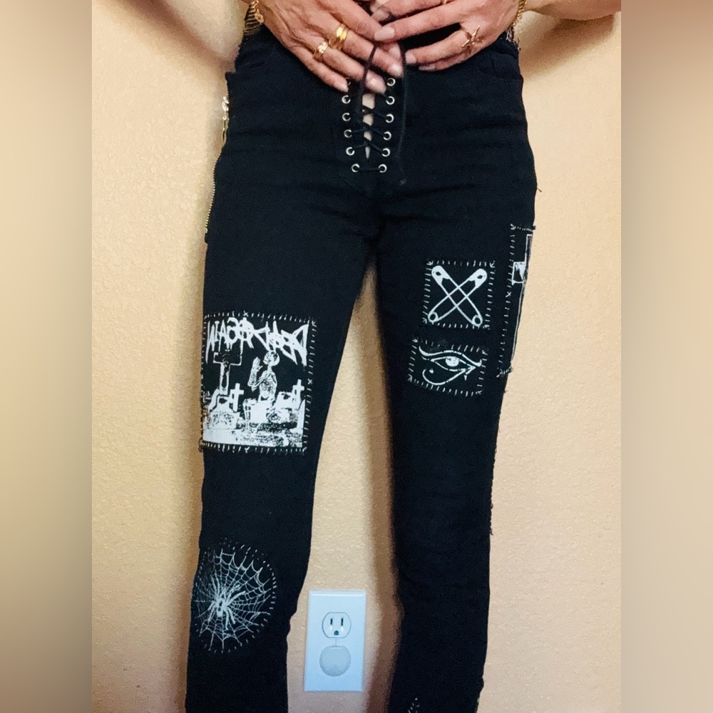 Current Mood Black Punk Patch Lace-Up Jeans